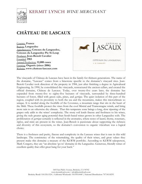 Château de Lascaux Tech Sheet - Kermit Lynch Wine Merchant