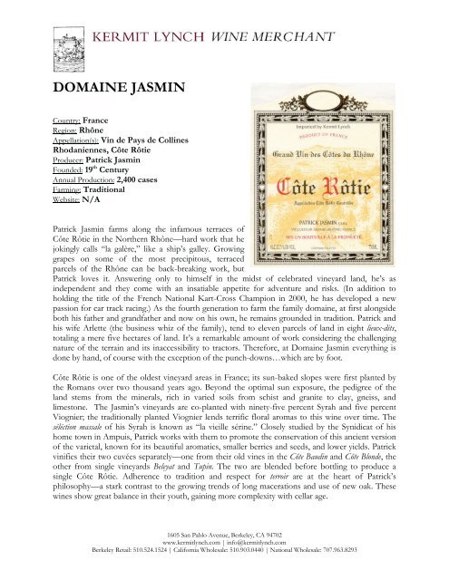 Domaine Jasmin Tech Sheet - Kermit Lynch Wine Merchant