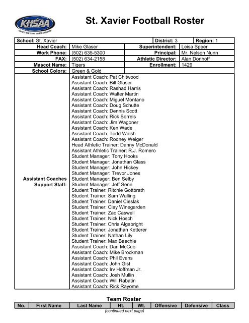 St. Xavier Football Roster - Kentucky High School Athletic Association