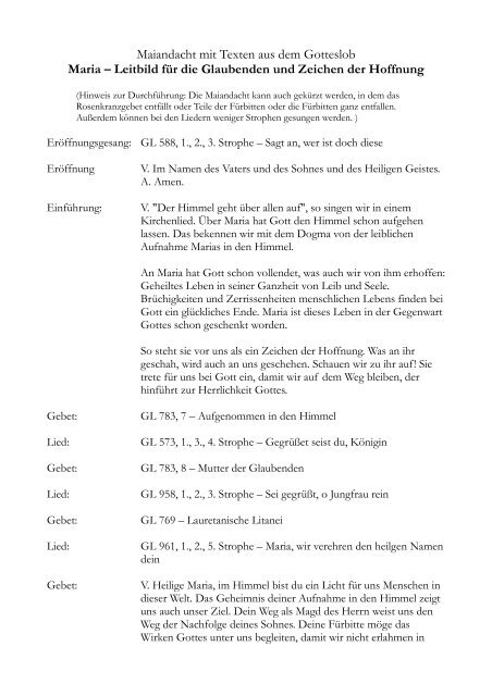 Maiandacht Mit Texten Aus Dem Gotteslob Maria Kirchensite