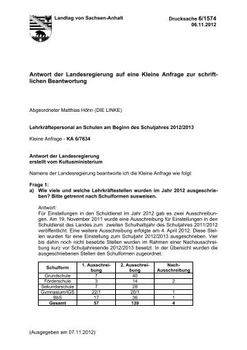 Lehrkräftepersonal an Schulen am Beginn des Schuljahres 2012/2013