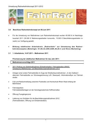 Umsetzung Radverkehrskonzept 2011-2012 - in Kleve