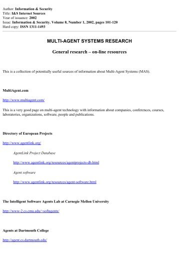 MULTI-AGENT SYSTEMS RESEARCH General Research – On-line
