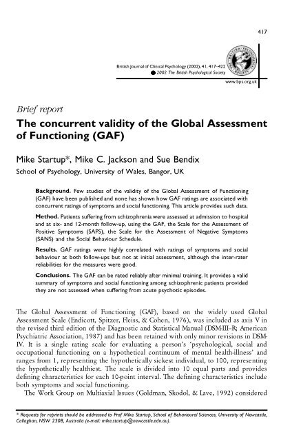 The concurrent validity of the Global Assessment of Functioning (GAF)