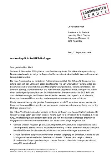 Auskunftspflicht bei BFS-Umfragen - Stiftung für Konsumentenschutz