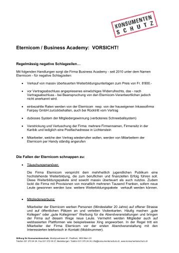 Eternicom / Business Academy: VORSICHT!