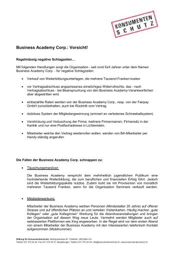 Business Academy Corp.: Vorsicht! - Stiftung für Konsumentenschutz