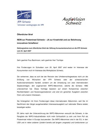 Antwortschreiben von IFPI Schweiz vom 8. Mai 2007 - Stiftung für ...