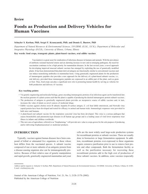 Foods as Production and Delivery Vehicles for Human Vaccines
