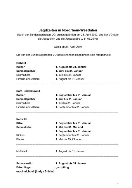 Jagdzeiten in Nordrhein-Westfalen