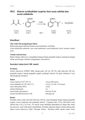 5012 Sintesis asetilsalisilat (aspirin) dari asam salisilat ... - kriemhild