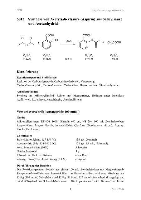 5012 Synthese von Acetylsalicylsäure (Aspirin) aus ... - kriemhild