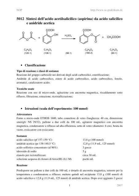 5012 Sintesi dell'acido acetilsalicilico (aspirina) da acido ... - kriemhild