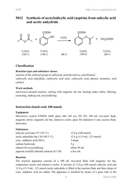 5012 Synthesis of acetylsalicylic acid (aspirin) from ... - kriemhild