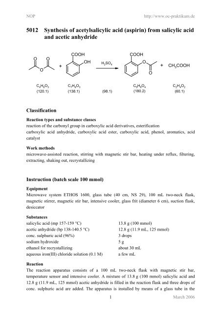 Synthesis Of Acetylsalicylic Acid 5012 Synthesis of acetylsalicylic acid (aspirin) from - kriemhild