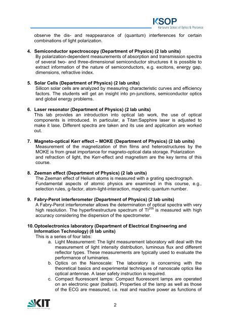 Lab Descriptions - Karlsruhe School of Optics & Photonics - KIT