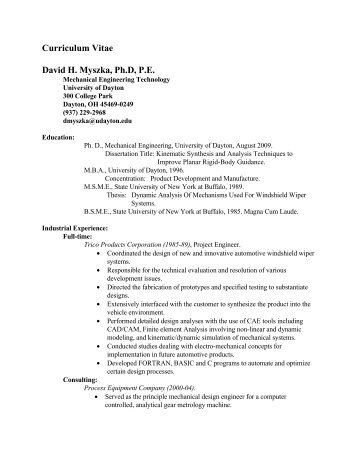 Curriculum Vitae David H. Myszka, Ph.D, P.E. - University of Dayton ...