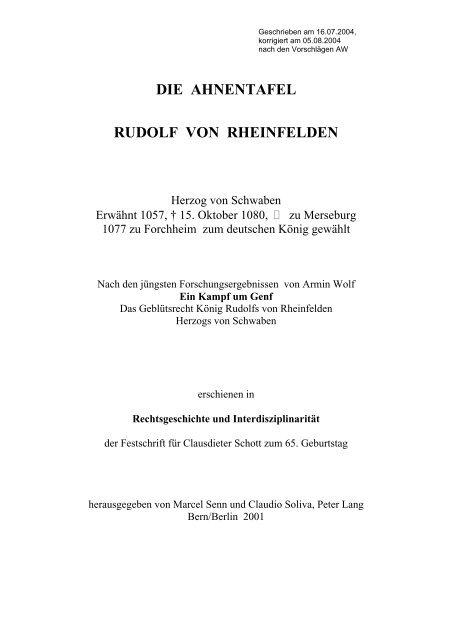 die ahnentafel rudolf von rheinfelden - genealogy.net - Probleme