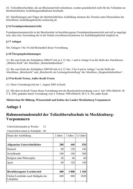 Verordnung über die Berufsschule in Mecklenburg ... - Kursnet