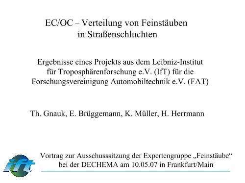 EC/OC – Verteilung von Feinstäuben in Straßenschluchten