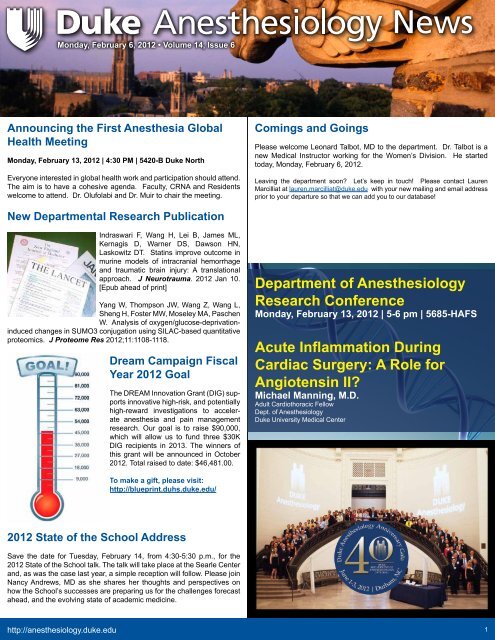 February 6, 2012 - Department of Anesthesiology - Duke University
