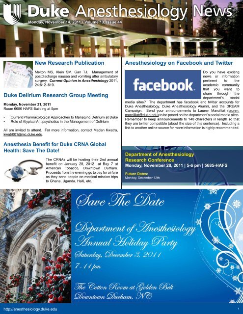 November 14, 2011 - Department of Anesthesiology - Duke University