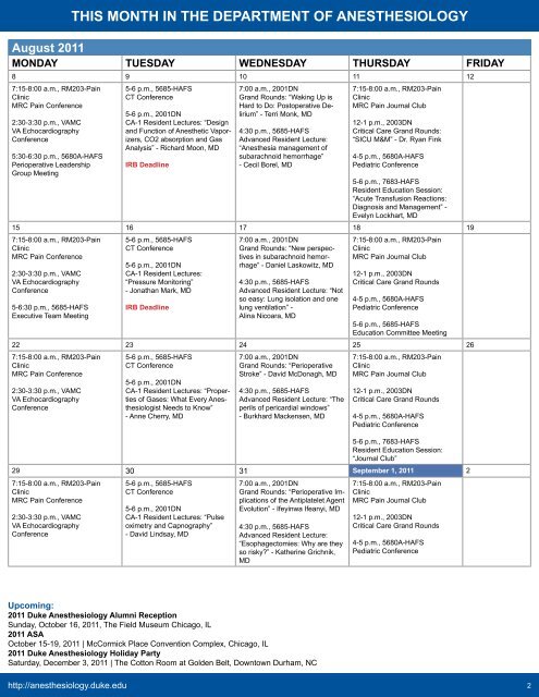 August 8, 2011 - Department of Anesthesiology - Duke University