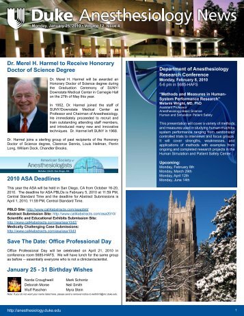 News - Department of Anesthesiology - Duke University