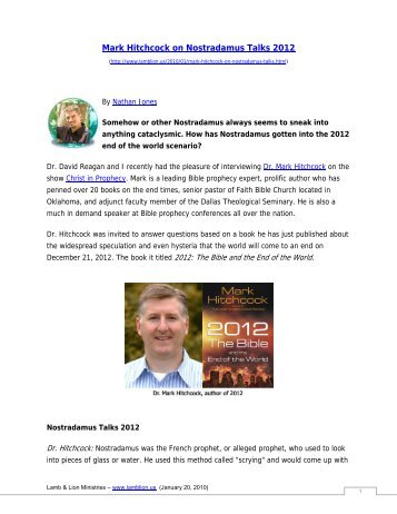 Blog - Mark Hitchcock on Nostradamus Talks 2012 - Lamb & Lion ...