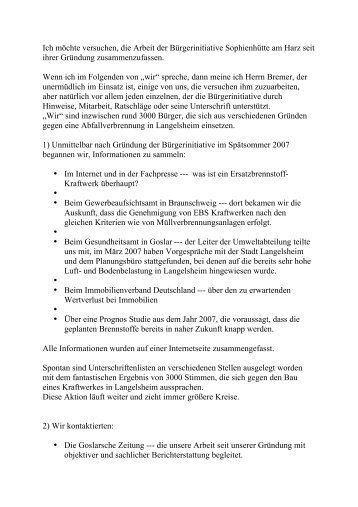die Arbeit der Bürgerinitiative Sophienhütte am Harz seit ihrer ...