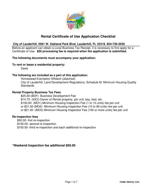 Rental Certificate of Use Application Checklist - City of Lauderhill