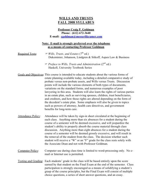 WILLS AND TRUSTS FALL 2008 SYLLABUS - Hamline Law