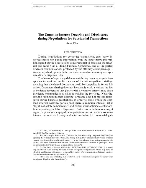 The Common Interest Doctrine and Disclosures during Negotiations ...