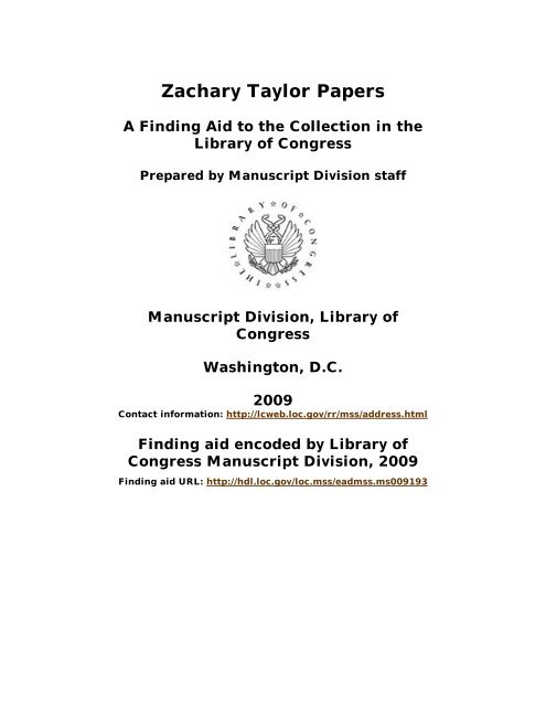 Zachary Taylor Papers [finding aid]. - American Memory - Library of ...