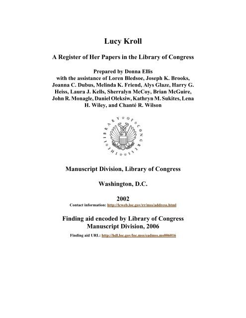 Papers of Lucy Kroll [finding aid]. Library of Congress