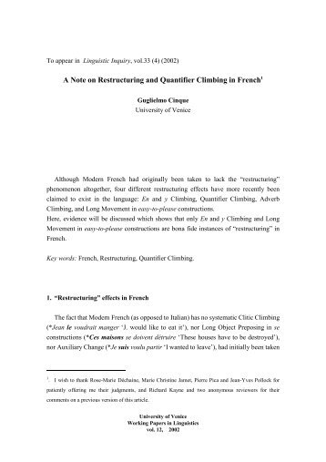 A Note on Restructuring and Quantifier Climbing in French - Lear
