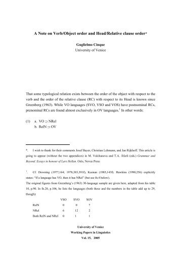 A Note on Verb/Object order and Head/Relative clause order* - Lear