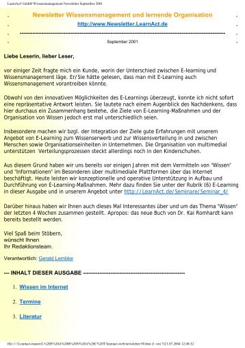 LearnAct! GmbH Wissensmanagement Newsletter September 2001