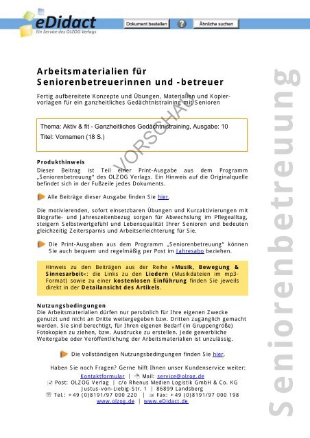 Arbeitsmaterialien Seniorenbetreuung Vornamen