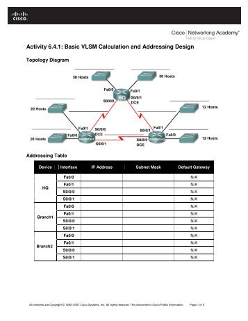 Activity 6.4.1: Basic VLSM Calculation and Addressing Design