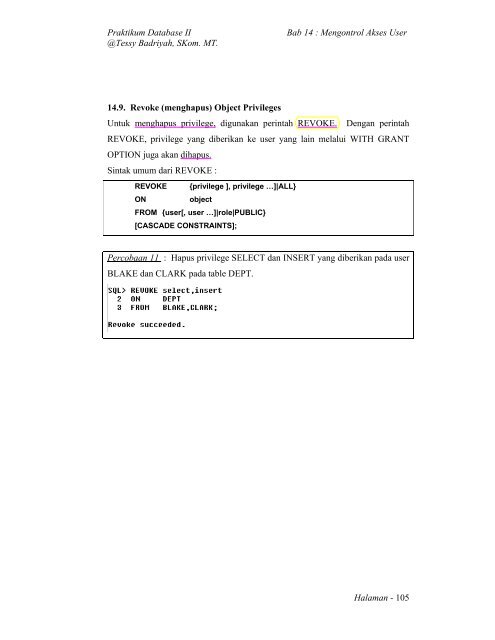 Praktikum Database II Bab 14 : Mengontrol Akses ... - Lecturer EEPIS