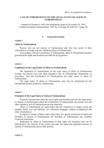 Law of Turkmenistan on the Legal Status of Aliens ... - Legislationline