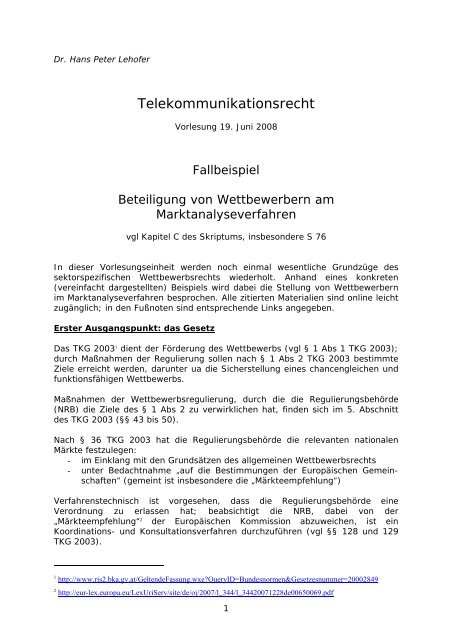 Fallbeispiel - Rechtsfragen der elektronischen Kommunikationsnetze