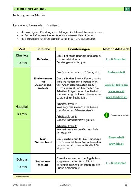 15. Stundenbild der BO-Mappe 8. Schulstufe