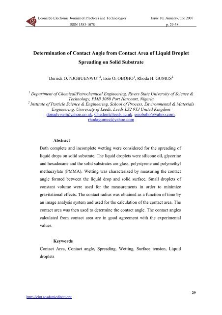 Determination of Contact Angle from Contact Area of Liquid Droplet ...