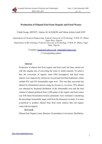 production of ethanol fuel from organic and food wastes - Leonardo ...