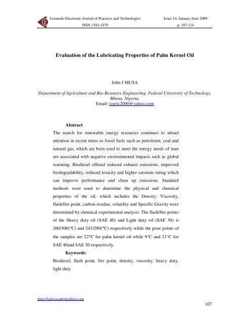 Evaluation of the Lubricating Properties of Palm Kernel Oil