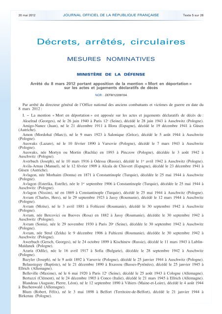 Journal officiel de la République française - N° 117 du 20 mai 2012