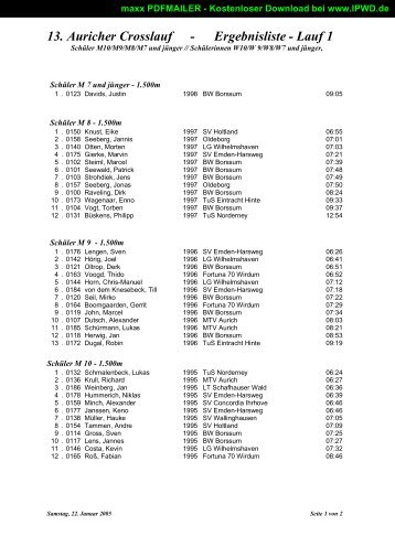 13. Auricher Crosslauf - Ergebnisliste - Lauf 1 - LG Ostfriesland