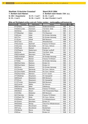 Startliste 12.Auricher Crosslauf Stand 29.01.2004 ... - LG Ostfriesland